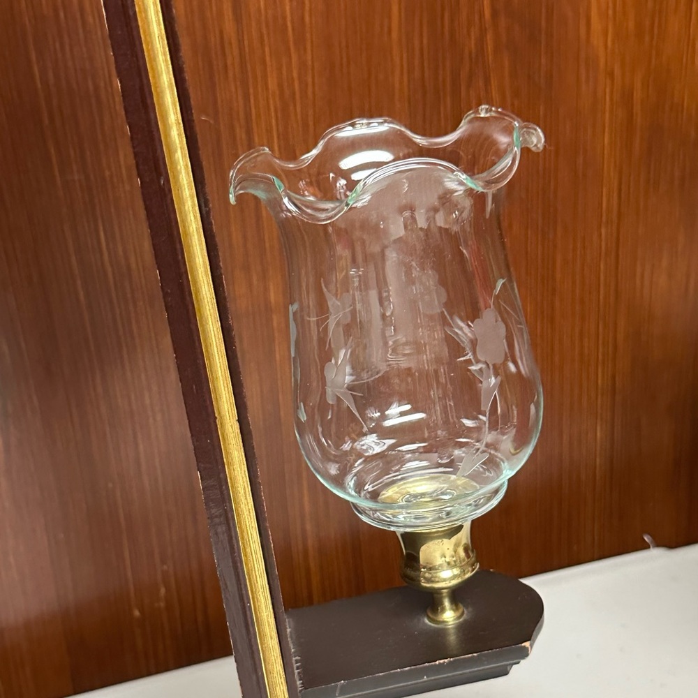 Vintage Glass candleholder cup Butterfly and Blossoms engraved